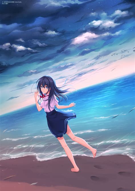 wallpaper sunlight sea long hair anime girls blue eyes water sky legs clouds beach