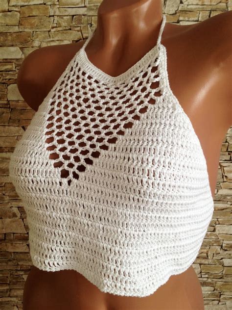 White Crochet Crop Top Open Back Halter Top High Neck Bikini Etsy