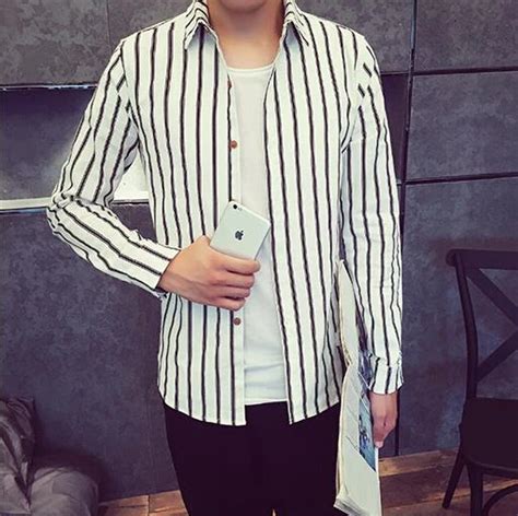 Korean Style New Fashion Linen Black And White Striped Shirt Men Long Sleeve Slim Fit Little