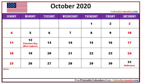 October 2020 Usa Holidays Calendar Holiday Calendar Usa Holidays