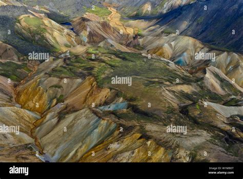 Aerial View Of A Lakes Rivers And Colorful Rhyolith Mountains