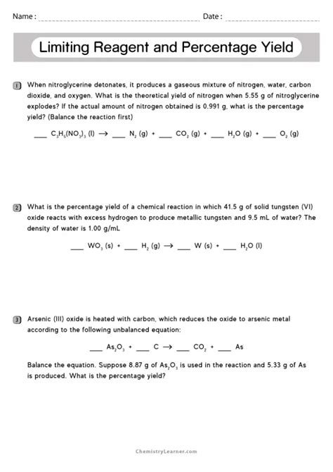 Free Printable Limiting Reactant And Percent Yield Worksheets