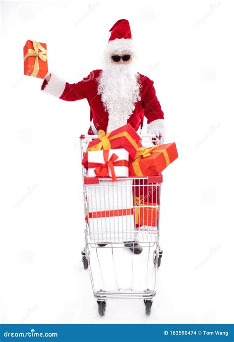 Happy Santa Claus With Christmas Shopping Cart Stock Photo Image Of