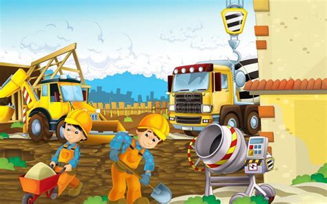 Cartoon Scene Of A Construction Site With Different Heavy Machines And