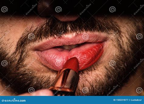 A Young Man Depicts His Lips With Red Lipstick Stock Image Image Of