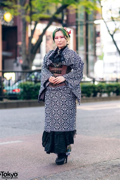 Monochrome Steampunk Kimono Street Style In Harajuku Tokyo Fashion