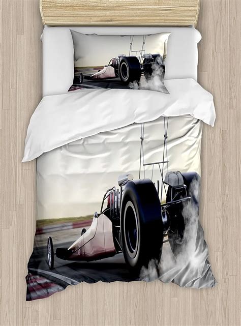Cars Duvet Cover Set Dragster Racing Down The Track With Burnout