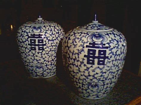 Chinese Blue And White Porcelain Double Happiness Jars Circa Mid 20th Century Collectors