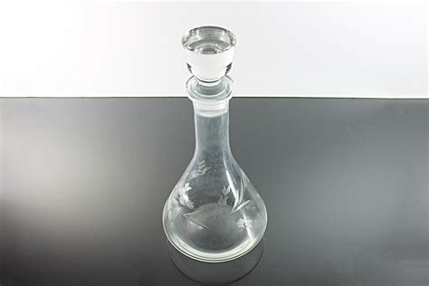 Etched Tall Floral Decanter Original Stopper 12 Inch Clear Glass Barware