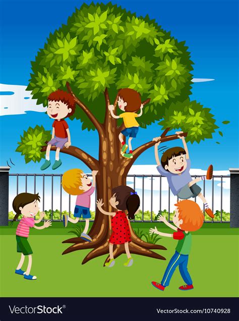 Children Climbing The Tree In The Park Royalty Free Vector