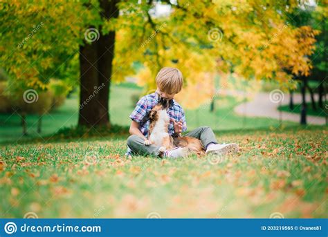 Cute Boy Playing And Walking With His Dog In A Meadow Stock Image