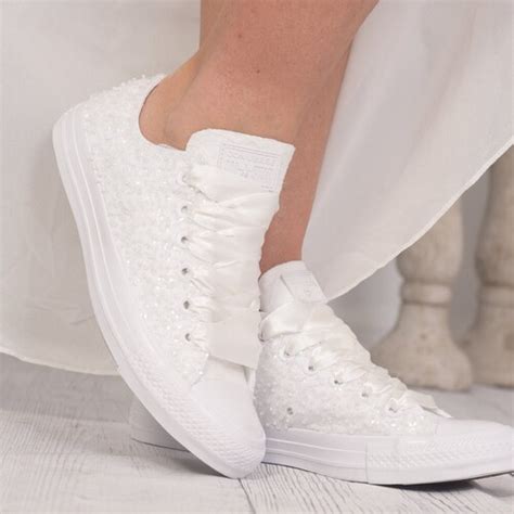 White Lace Wedding Sneakers For Bride Bling Bridal Trainers Etsy
