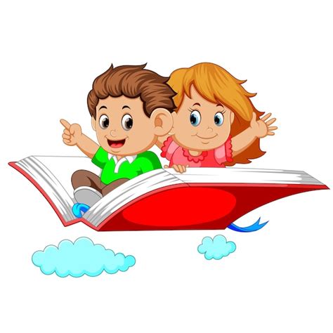 Niños Felices Volando En Gran Libro Abierto Vector Premium