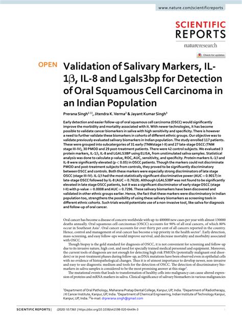 Pdf Validation Of Salivary Markers Il 1β Il 8 And Lgals3bp For