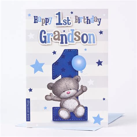 All the free printable graphics you need for printable birthday cards! Hugs 1st Birthday Card - Grandson | Only £1.49