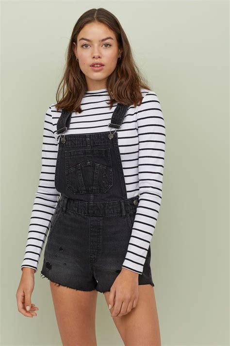 Denim Overall Shorts Black Ladies Handm Us Overall Shorts Outfit