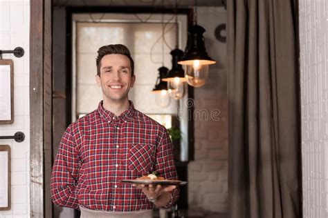 Young Waiter Holding Tray With Tasty Dish Stock Image Image Of