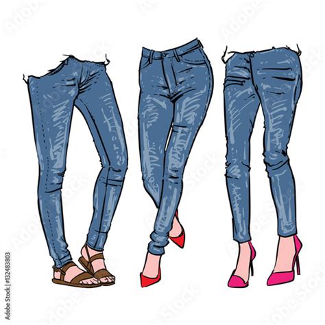 Hand Drawn Womens Fashionable Denim Jeans Vector Illustration Clip