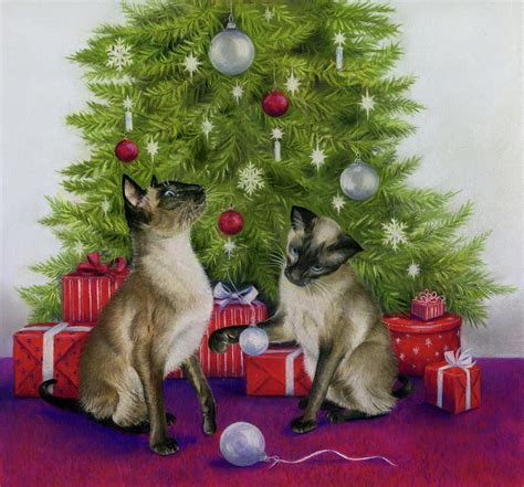 Christmas Siamese Cats Painting By Janet Pidoux Pixels