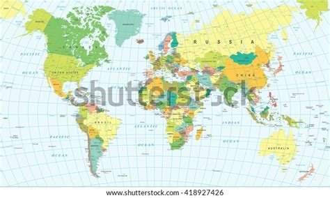 Colored World Map Borders Countries Cities Stok Vektör Telifsiz
