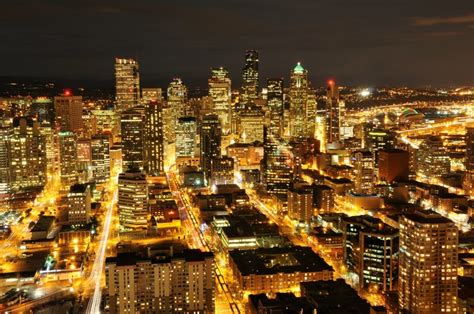Usa Washington Seattle Night City Skyscrapers Buildings Lights