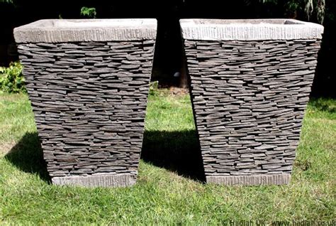 Two 50cm Natural Stacked Stone Slate Square Planter Plant Pots Stone
