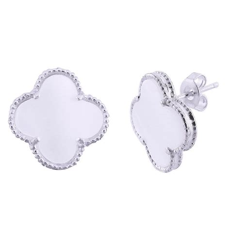 Mother Of Pearl Clover Stud Earrings And 18k White Gold Over