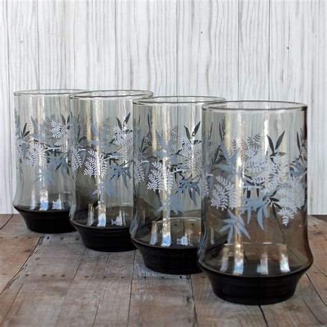 Vintage Libbey Glass Gray Tumblers With White Leaves Set Of 4 Drinking Glasses Leaf Design