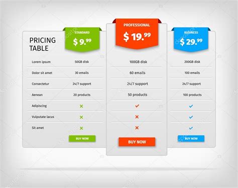 Pricing Table Template Comparison Chart For Business Stock Vector Image