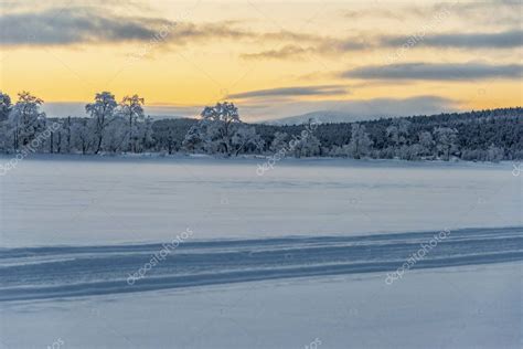 Finland Inari January 2019 Frozen Lake Red Sky Lapland Stock Photo