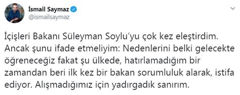 Gazeteci i̇smail saymaz, istifa kararı alan ve istifası cumhurbaşkanı recep tayyip erdoğan tarafından kabul edilmeyen i̇çişleri bakanı süleyman soylu hakkında dikkat çeken bir değerlendirme yaptı. İsmail Saymaz'dan Süleyman Soylu mesajı