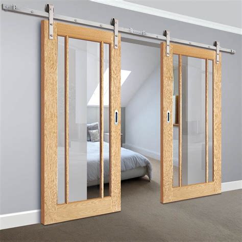 Double Sliding Door And Track Lincoln 3 Pane Oak Doors Clear Glass