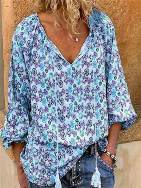 Casual Long Sleeve V Neck Printed Blouse Noracora