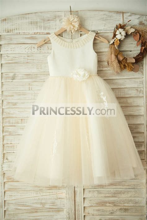 Ivory Satin Lace Appliques Champagne Tulle Wedding Flower Girl Dress
