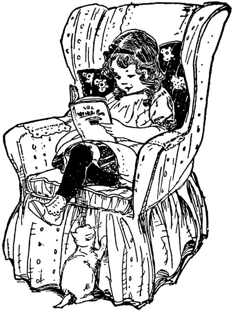This coloring page belongs to these categories: Girl Reading Book in Chair | ClipArt ETC
