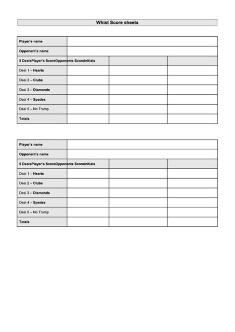 Whist Score Sheets Printable Pdf Download