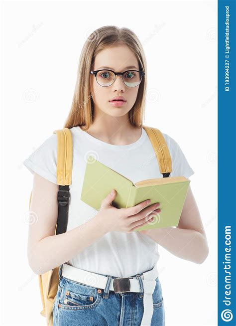 Schoolgirl With Backpack Holding Book Isolated On White Stock Image