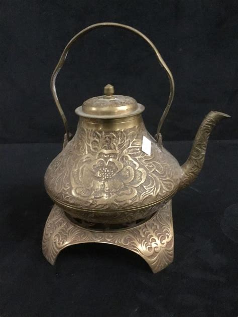 Antique Etched Korean Brass Teapot W Burnerstand Intrica
