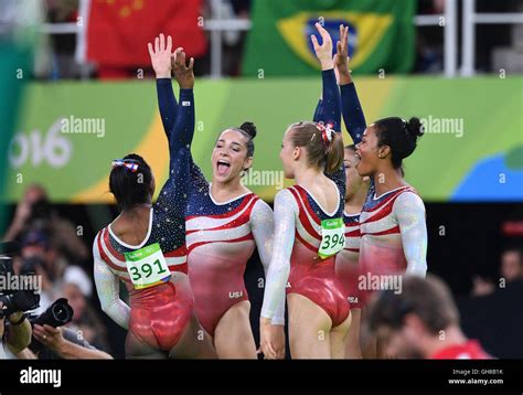 The Womens Artistic Gymnastics Team From The Usa Celebrates During The Artistic Gymnastics