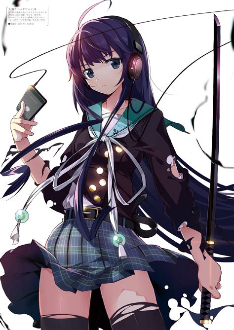 Wallpaper Illustration Long Hair Anime Girls Cartoon Black Hair Sword Headphones Torn