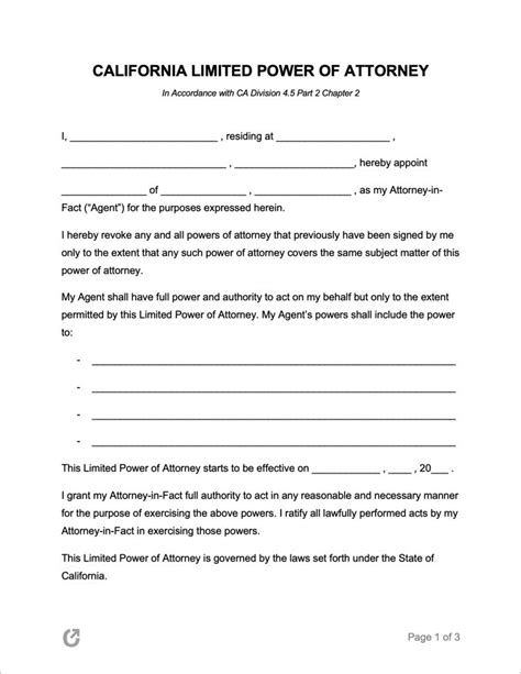 California Limited Power Of Attorney Form Power Of Attorney Form