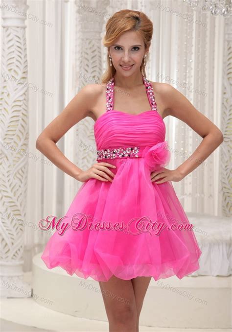 Beaded Decorate Halter Hot Pink Party Dress For 2013