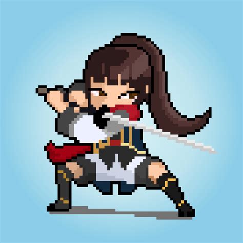 8 Bit Of Pixel Womens Character Anime Samurai Girl In Vector