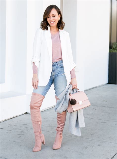How To Wear Blush Over The Knee Booties With Skinny Jeans And A White