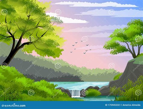 Natural Landscape With Blue Sky Mountain Green Hills Trees Pine