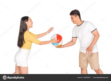 Handsome Asian Man Giving Beach Ball Happy Girlfriend Isolated White ⬇