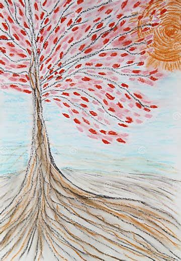 Beautiful Tree With Red Leaves And The Rising Sun Drawing Stock