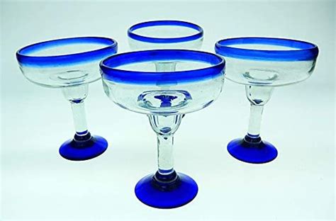 Mexican Glass Margarita Blue Rim Hand Blown Set Of 4 Margarita Glasses