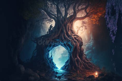 Sacred Fantasy Tree Of Life With Afterlife Portal Gate Leading To