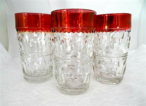 Vintage Tiffin Franciscan King’s Crown Cranberry Flash Thumbprint Glasses Set Of 5 From 1960s